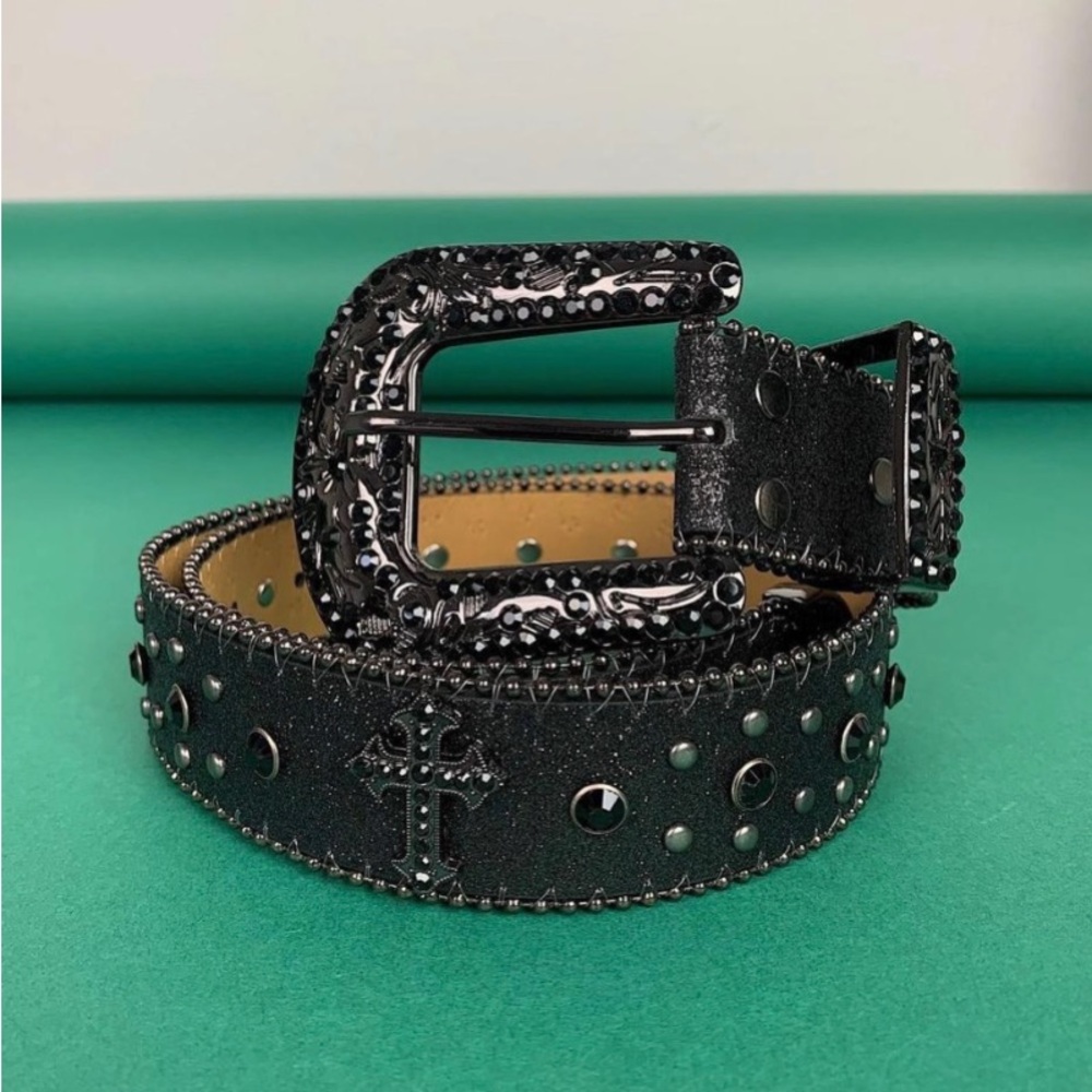 Black studded belt with gems and crosses